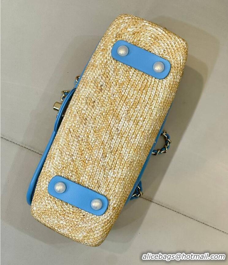 Inexpensive Chanel Raffia Straw and Calfskin Large Flap Bag AS5929 Light Blue 2025