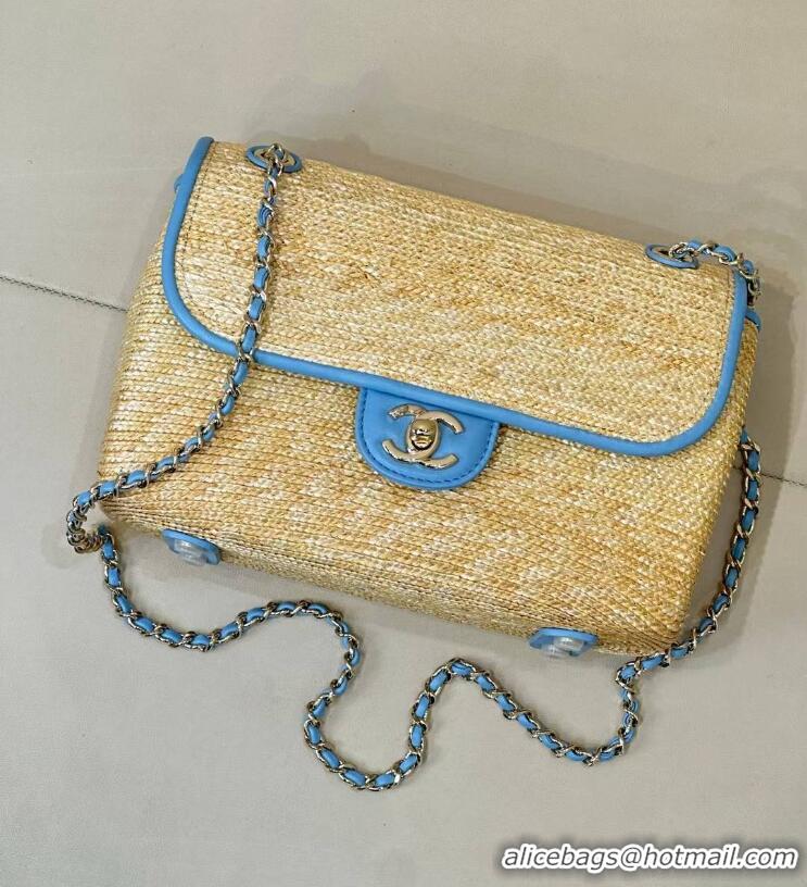 Inexpensive Chanel Raffia Straw and Calfskin Large Flap Bag AS5929 Light Blue 2025