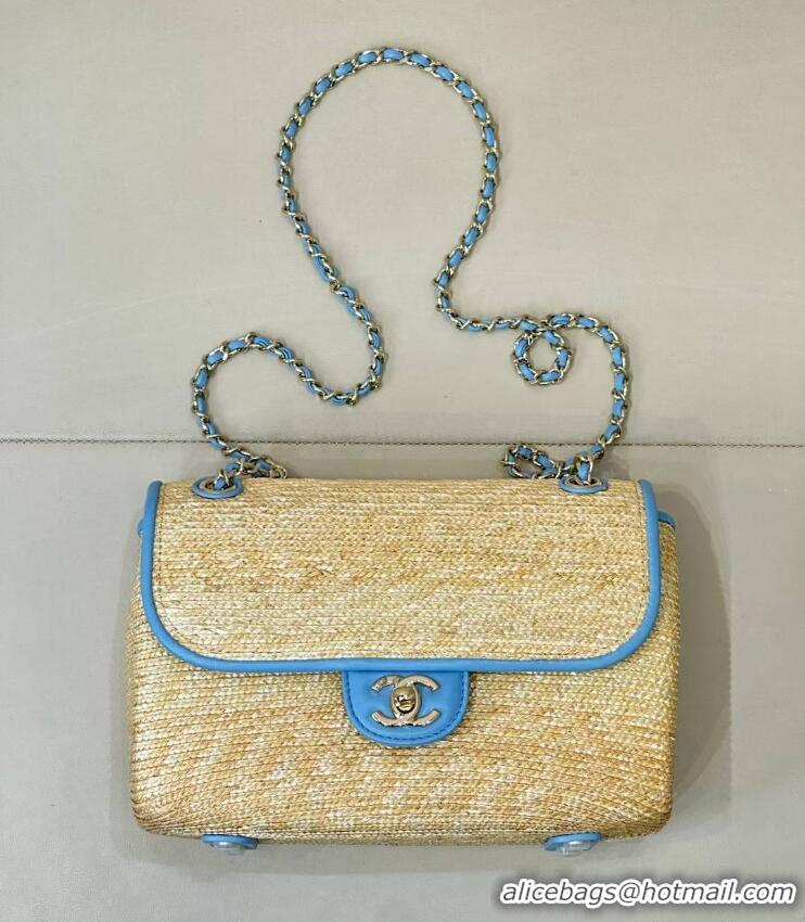 Inexpensive Chanel Raffia Straw and Calfskin Large Flap Bag AS5929 Light Blue 2025