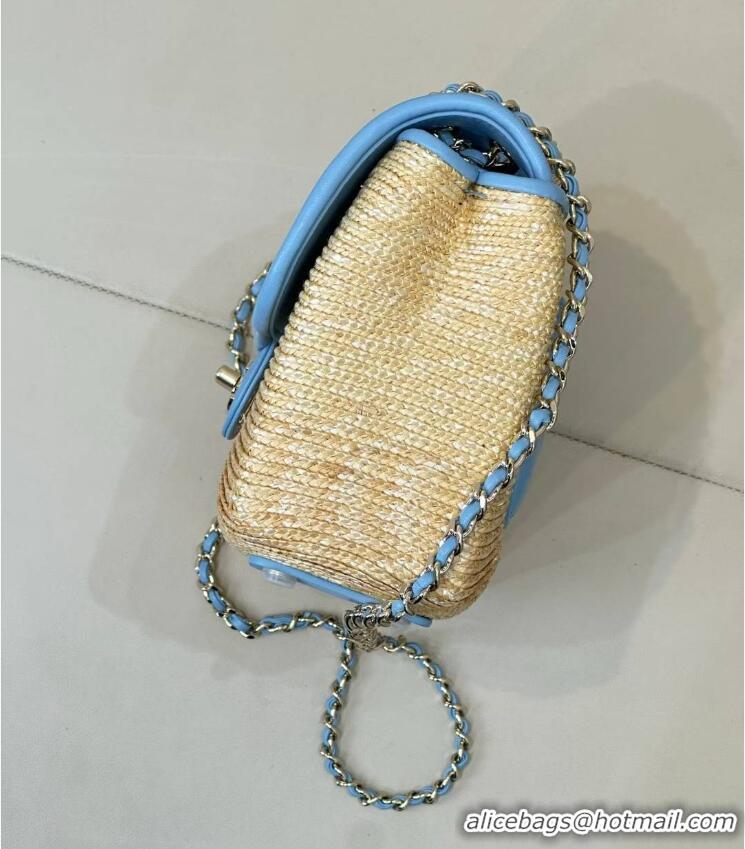 Inexpensive Chanel Raffia Straw and Calfskin Large Flap Bag AS5929 Light Blue 2025