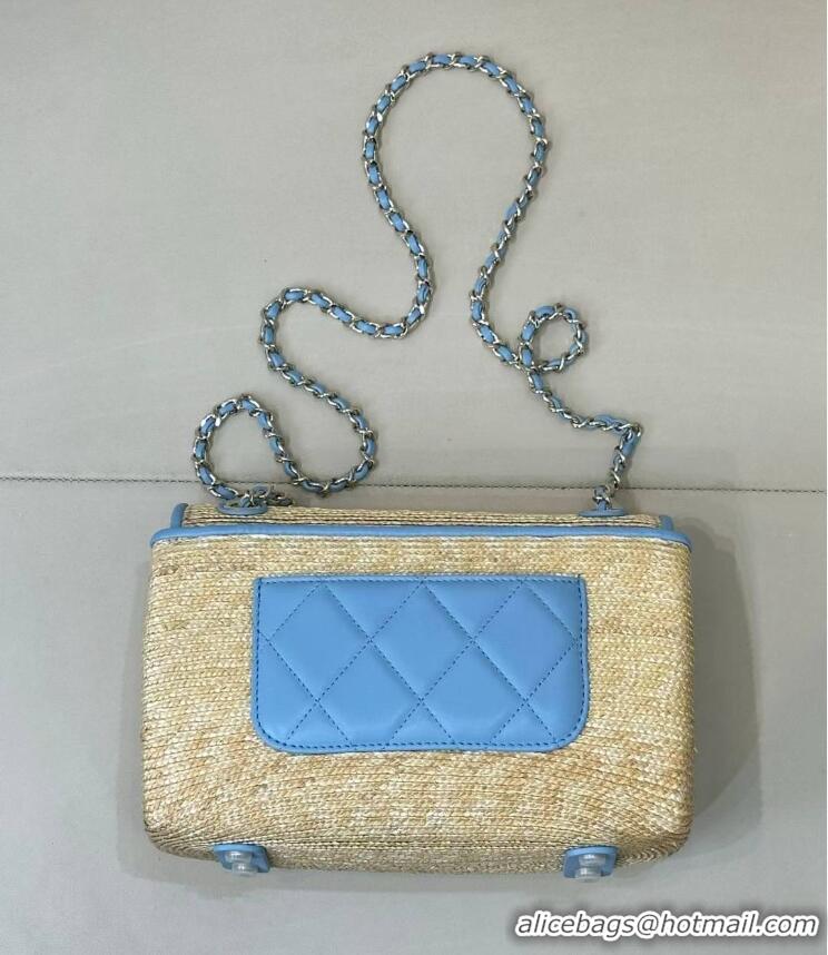 Inexpensive Chanel Raffia Straw and Calfskin Large Flap Bag AS5929 Light Blue 2025