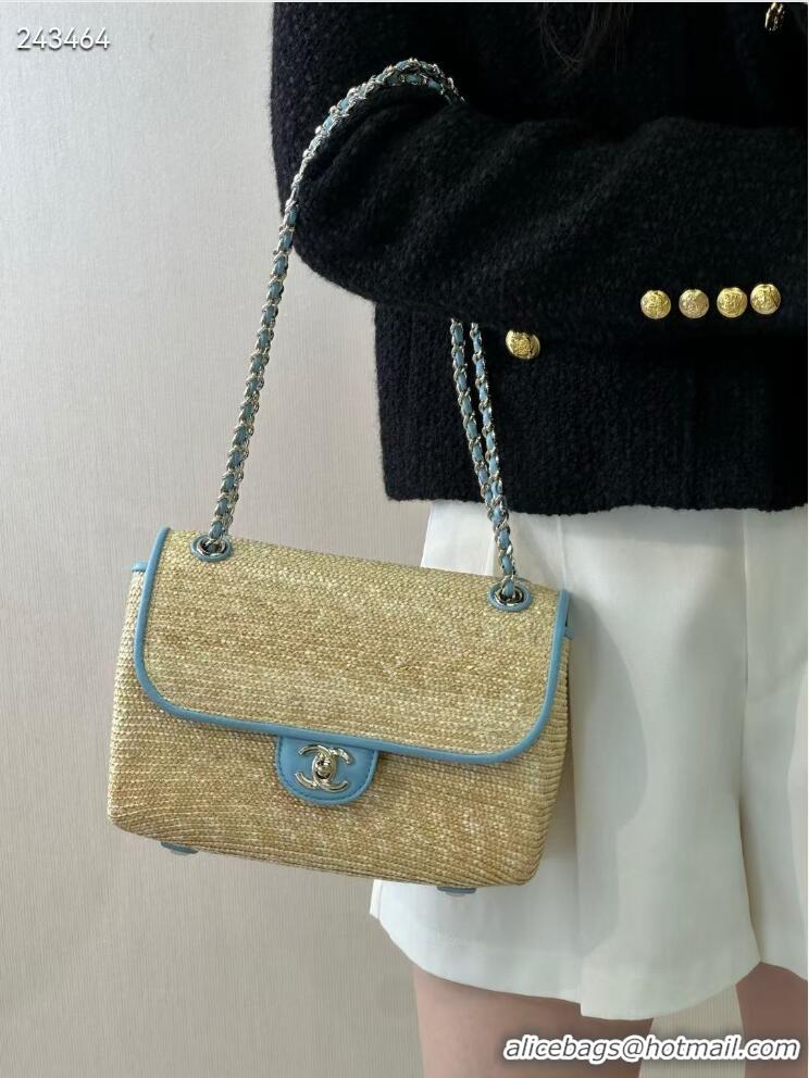 Inexpensive Chanel Raffia Straw and Calfskin Large Flap Bag AS5929 Light Blue 2025