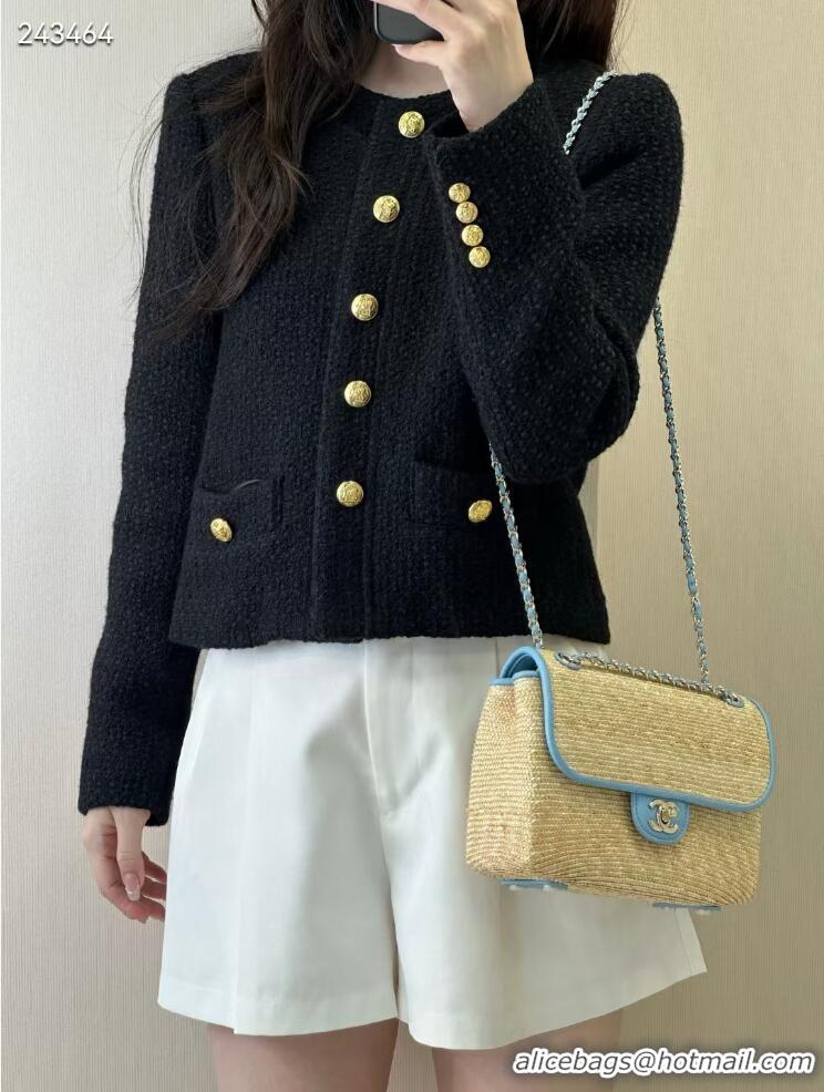 Inexpensive Chanel Raffia Straw and Calfskin Large Flap Bag AS5929 Light Blue 2025