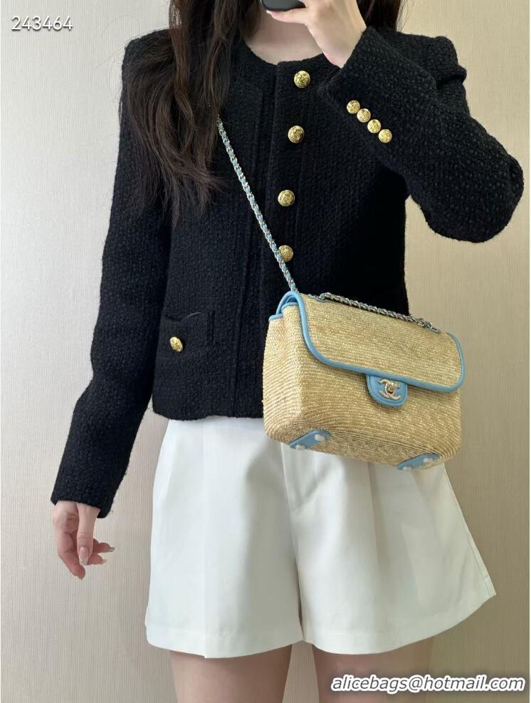 Inexpensive Chanel Raffia Straw and Calfskin Large Flap Bag AS5929 Light Blue 2025