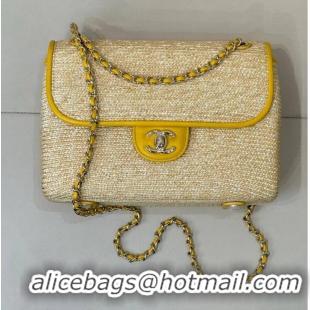 Best Quality Chanel Raffia Straw and Calfskin Large Flap Bag AS5929 Yellow 2025