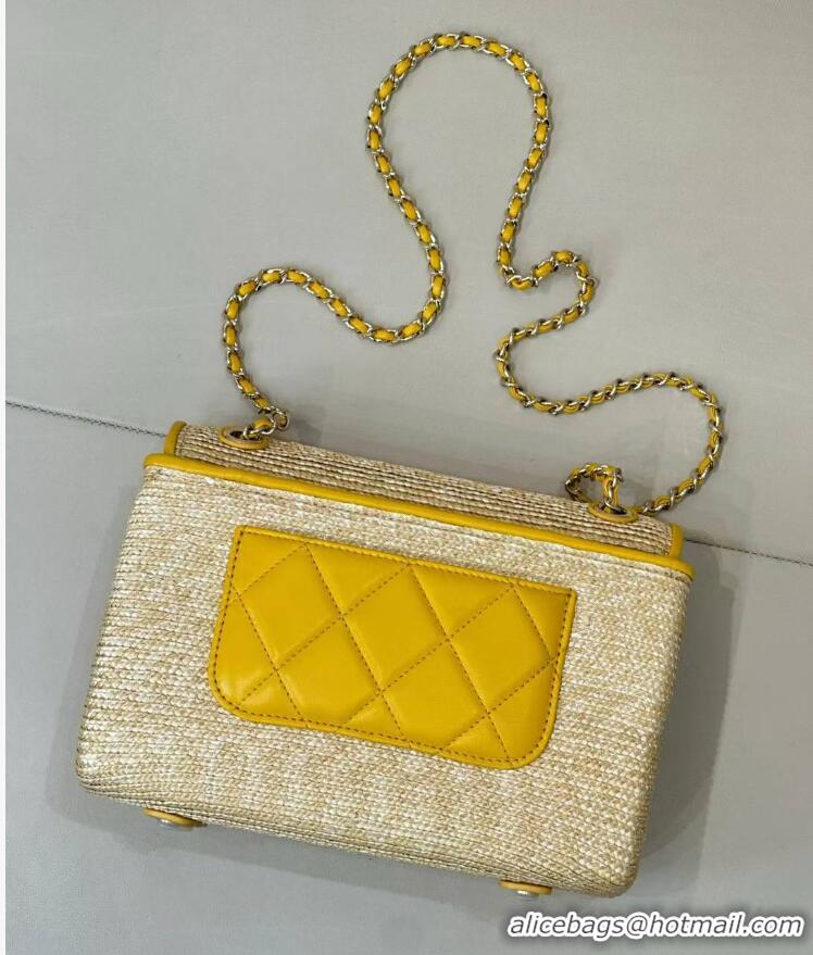 Best Quality Chanel Raffia Straw and Calfskin Large Flap Bag AS5929 Yellow 2025