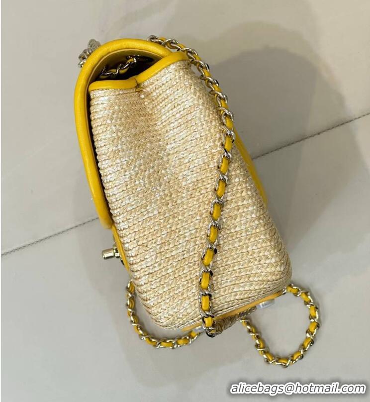 Best Quality Chanel Raffia Straw and Calfskin Large Flap Bag AS5929 Yellow 2025