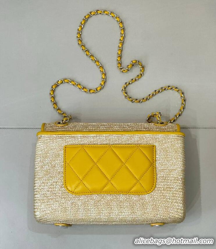Best Quality Chanel Raffia Straw and Calfskin Large Flap Bag AS5929 Yellow 2025