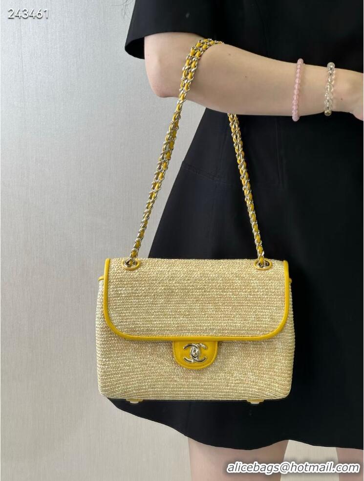 Best Quality Chanel Raffia Straw and Calfskin Large Flap Bag AS5929 Yellow 2025
