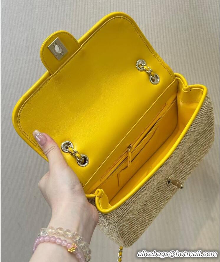 Best Quality Chanel Raffia Straw and Calfskin Large Flap Bag AS5929 Yellow 2025