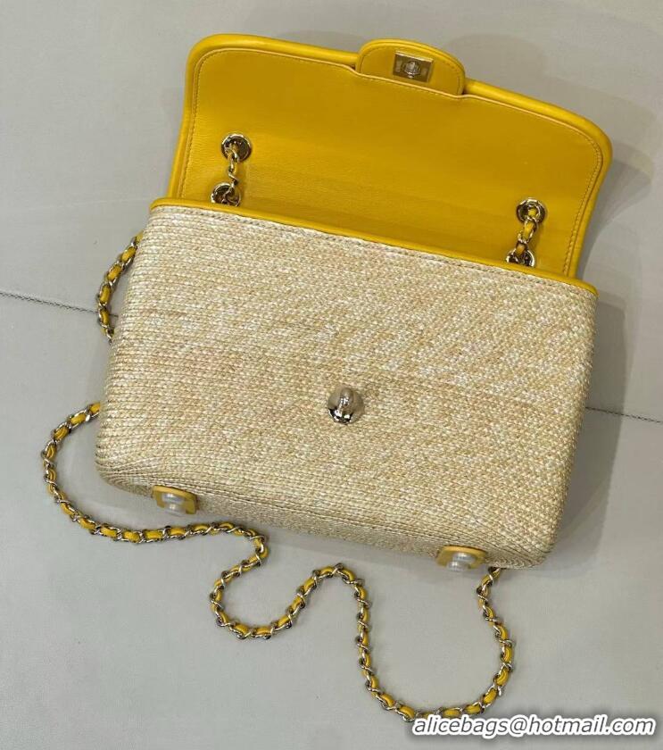 Best Quality Chanel Raffia Straw and Calfskin Large Flap Bag AS5929 Yellow 2025