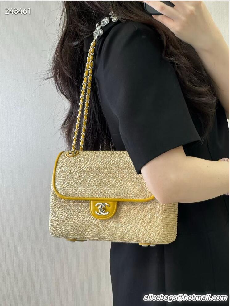 Best Quality Chanel Raffia Straw and Calfskin Large Flap Bag AS5929 Yellow 2025
