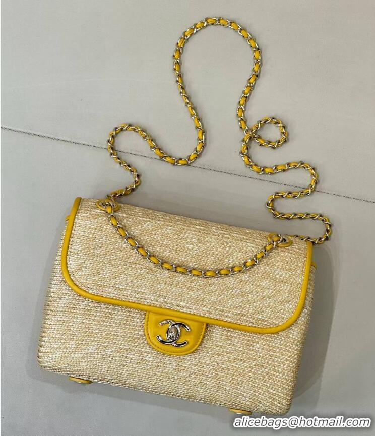 Best Quality Chanel Raffia Straw and Calfskin Large Flap Bag AS5929 Yellow 2025