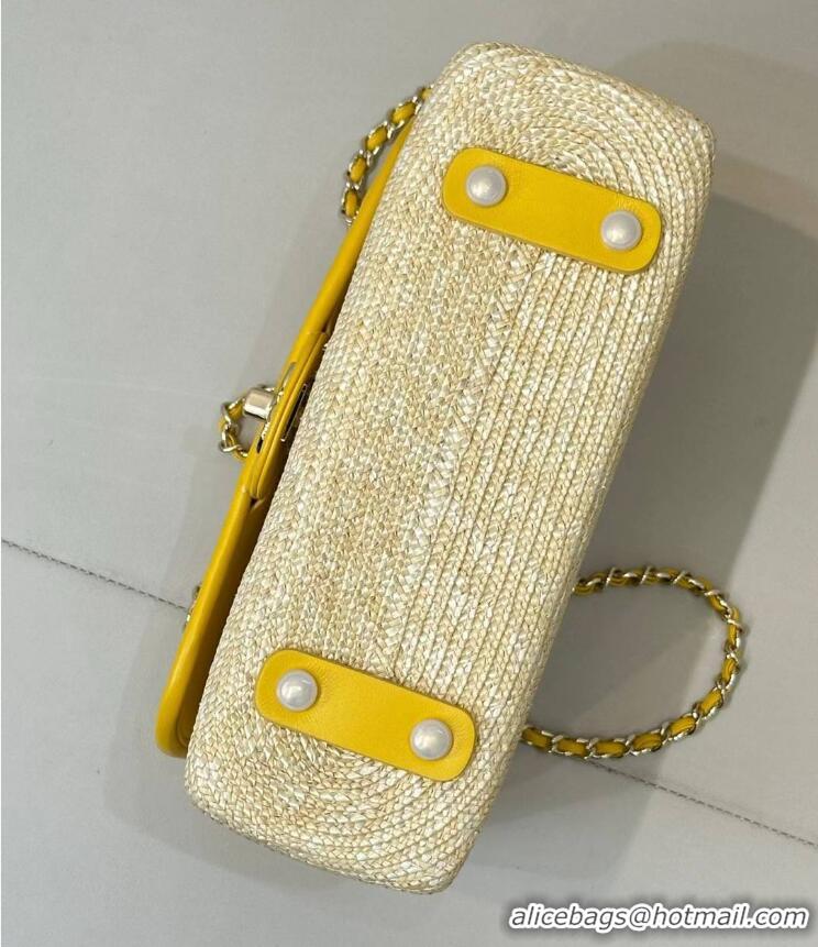 Best Quality Chanel Raffia Straw and Calfskin Large Flap Bag AS5929 Yellow 2025