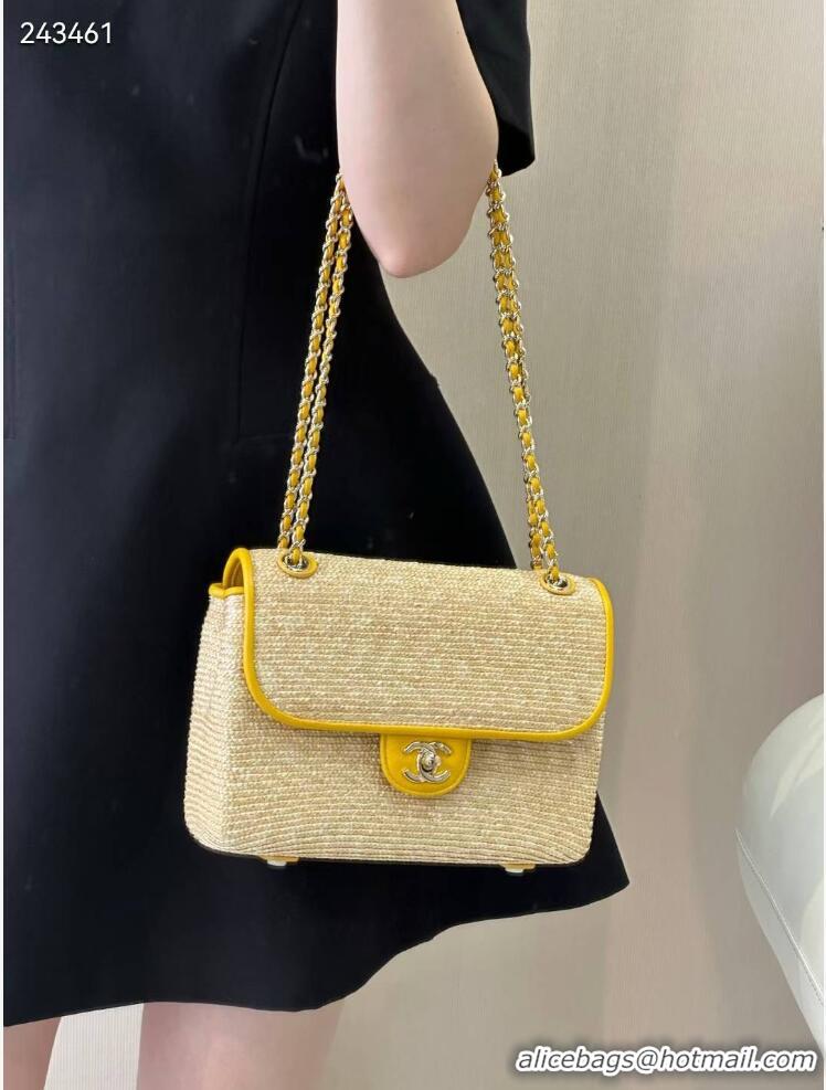 Best Quality Chanel Raffia Straw and Calfskin Large Flap Bag AS5929 Yellow 2025