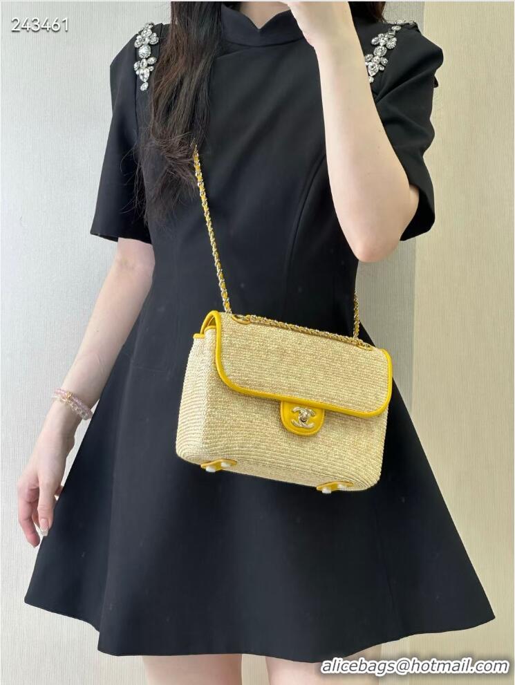Best Quality Chanel Raffia Straw and Calfskin Large Flap Bag AS5929 Yellow 2025