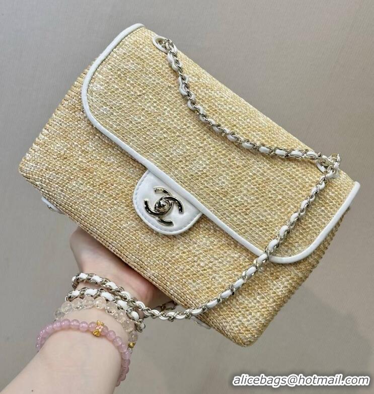 Buy Discount Chanel Raffia Straw and Calfskin Large Flap Bag AS5929 White/Beige 2025