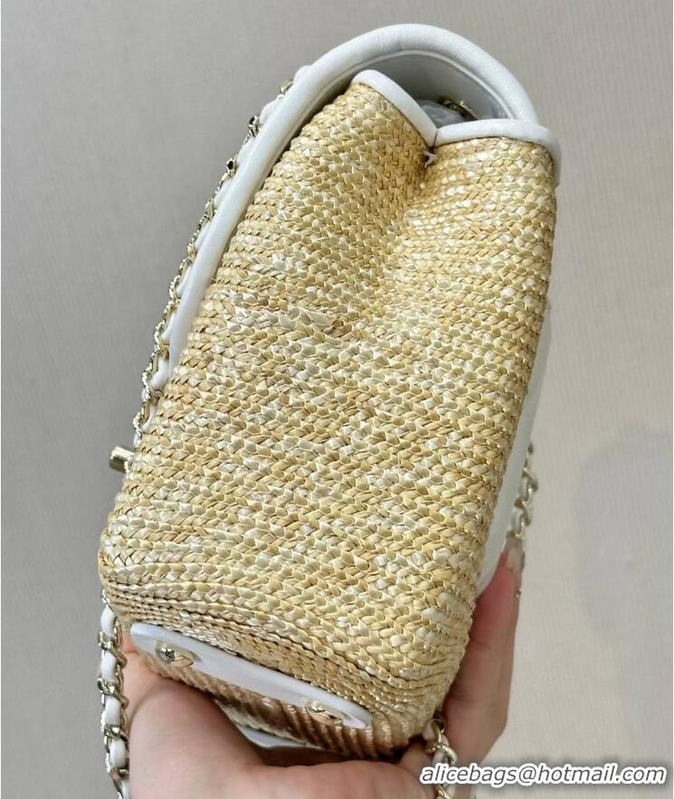 Buy Discount Chanel Raffia Straw and Calfskin Large Flap Bag AS5929 White/Beige 2025