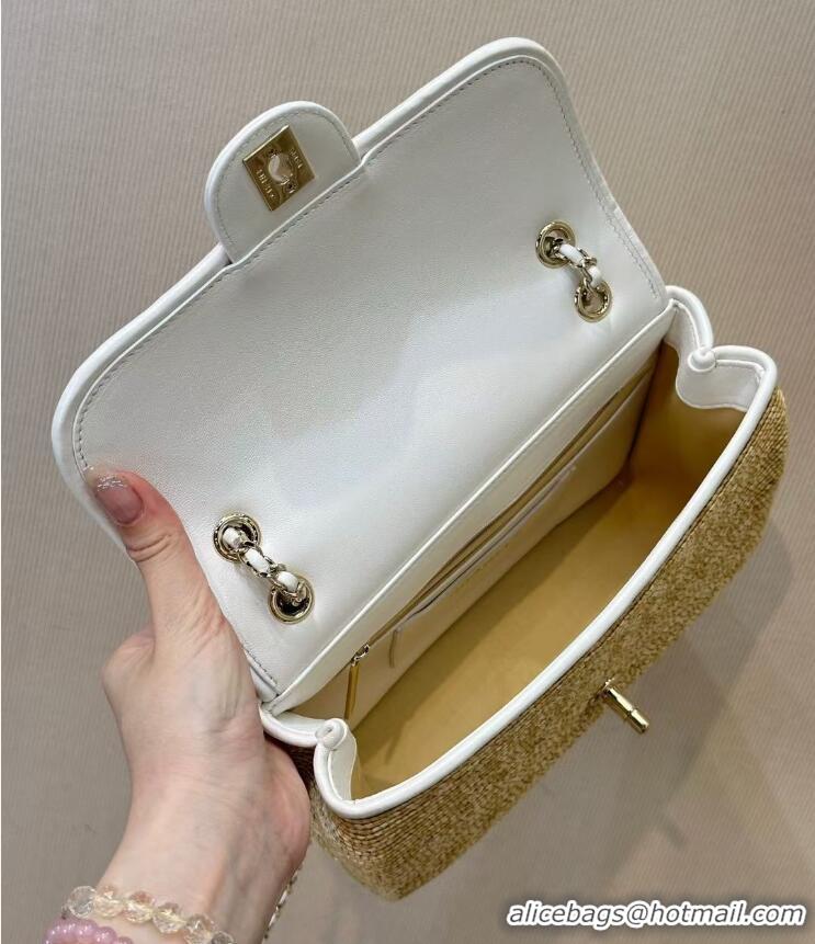 Buy Discount Chanel Raffia Straw and Calfskin Large Flap Bag AS5929 White/Beige 2025