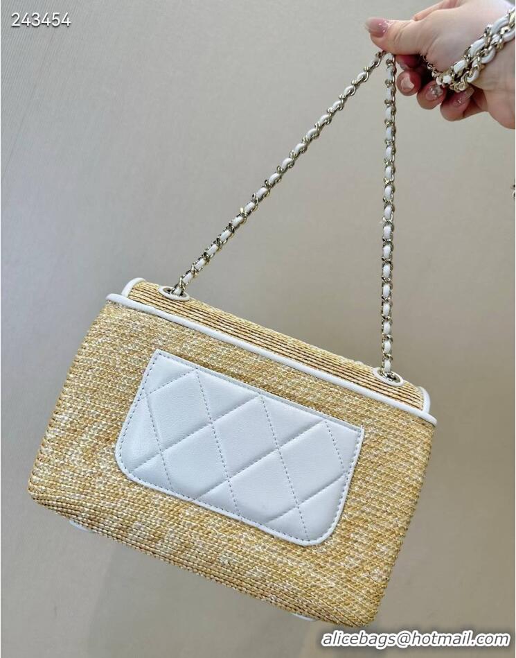 Buy Discount Chanel Raffia Straw and Calfskin Large Flap Bag AS5929 White/Beige 2025