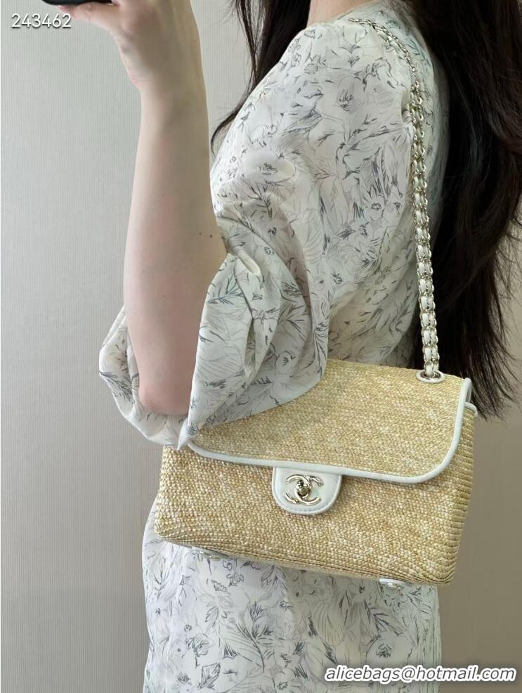 Buy Discount Chanel Raffia Straw and Calfskin Large Flap Bag AS5929 White/Beige 2025