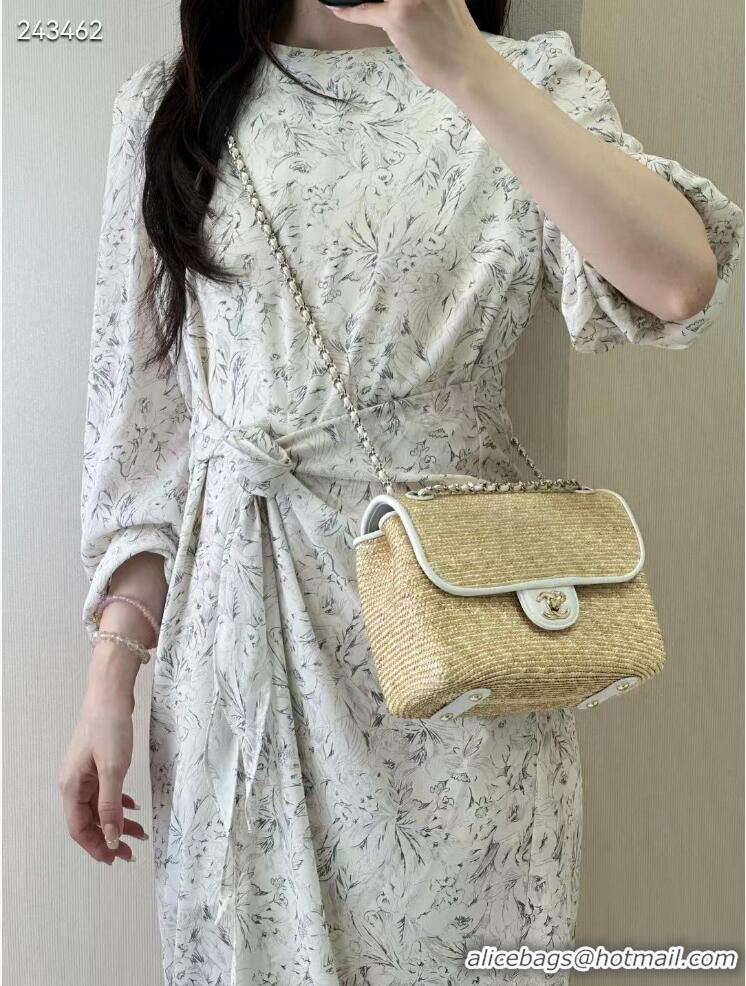 Buy Discount Chanel Raffia Straw and Calfskin Large Flap Bag AS5929 White/Beige 2025
