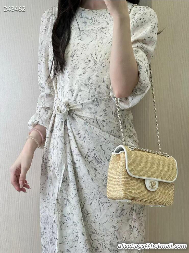 Buy Discount Chanel Raffia Straw and Calfskin Large Flap Bag AS5929 White/Beige 2025
