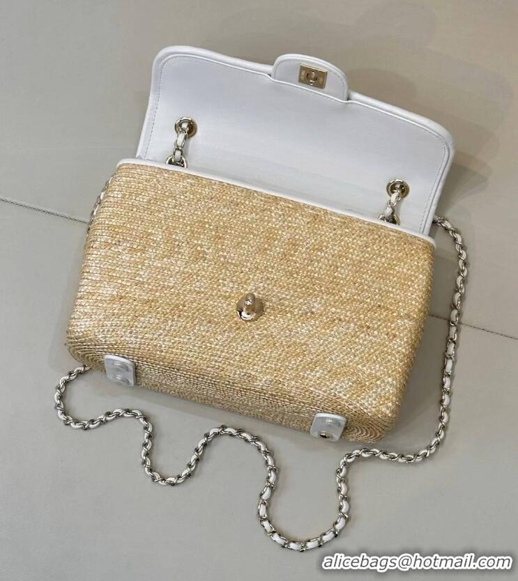 Buy Discount Chanel Raffia Straw and Calfskin Large Flap Bag AS5929 White/Beige 2025