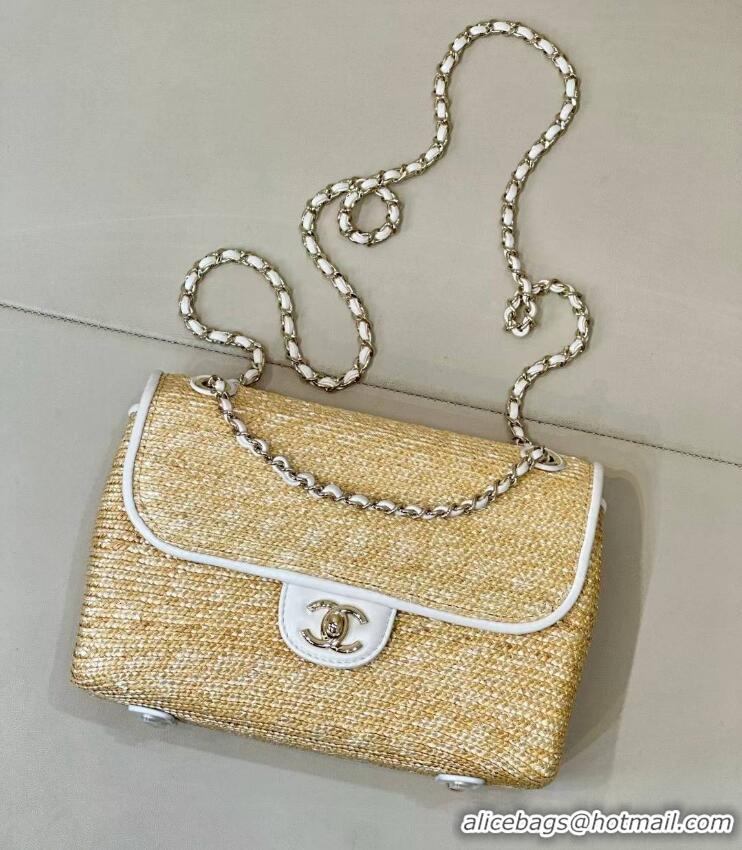 Buy Discount Chanel Raffia Straw and Calfskin Large Flap Bag AS5929 White/Beige 2025
