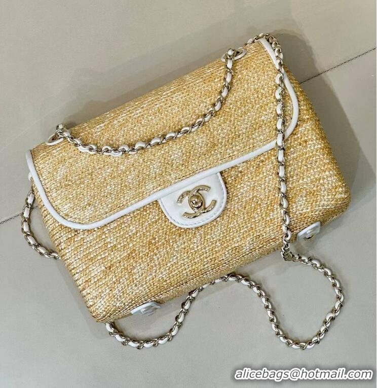 Buy Discount Chanel Raffia Straw and Calfskin Large Flap Bag AS5929 White/Beige 2025