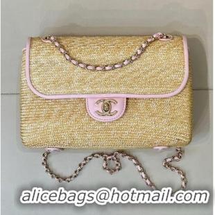 Low Cost Chanel Raffia Straw and Calfskin Large Flap Bag AS5929 Pink 2025