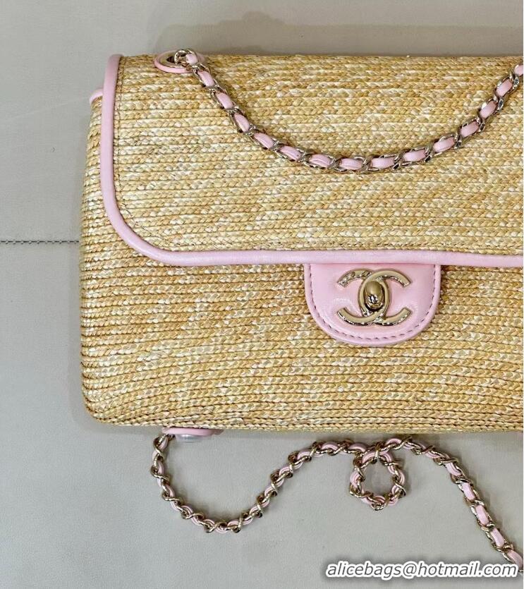 Low Cost Chanel Raffia Straw and Calfskin Large Flap Bag AS5929 Pink 2025