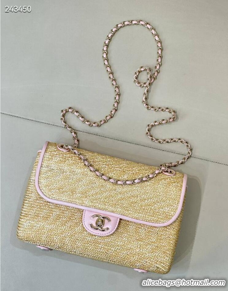 Low Cost Chanel Raffia Straw and Calfskin Large Flap Bag AS5929 Pink 2025