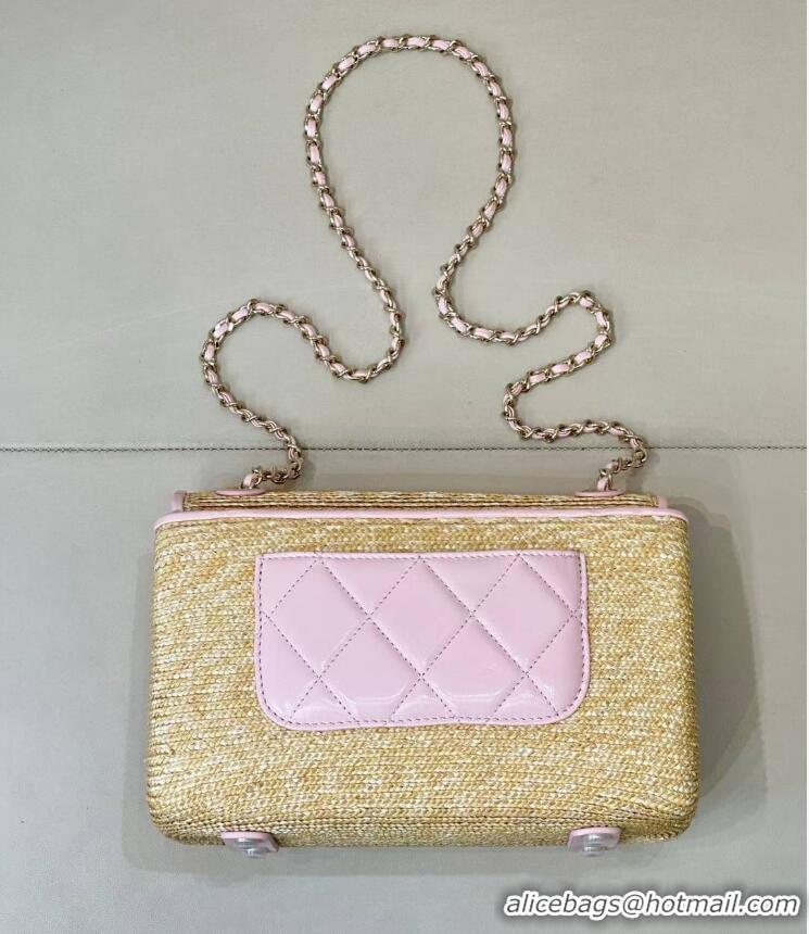 Low Cost Chanel Raffia Straw and Calfskin Large Flap Bag AS5929 Pink 2025