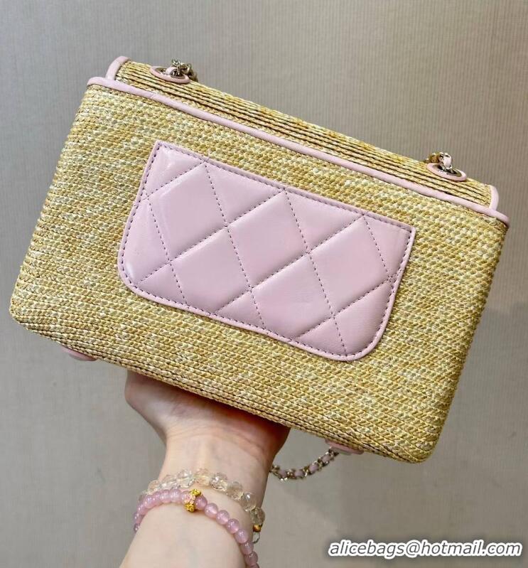 Low Cost Chanel Raffia Straw and Calfskin Large Flap Bag AS5929 Pink 2025