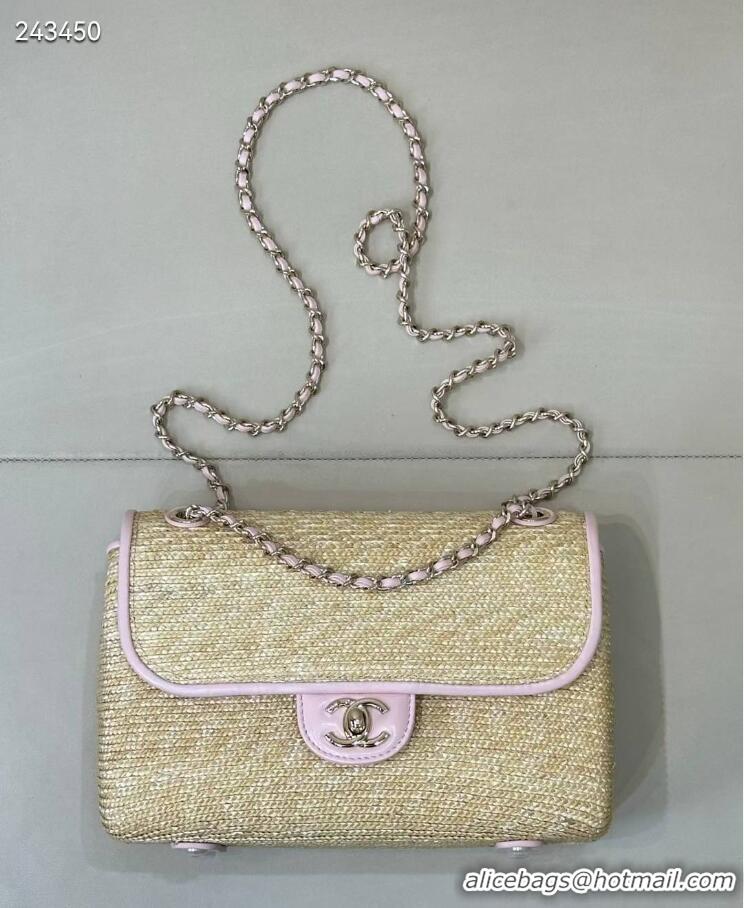 Low Cost Chanel Raffia Straw and Calfskin Large Flap Bag AS5929 Pink 2025