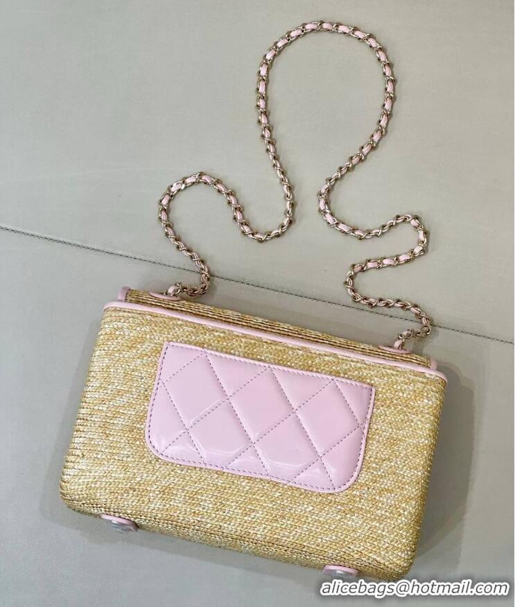 Low Cost Chanel Raffia Straw and Calfskin Large Flap Bag AS5929 Pink 2025