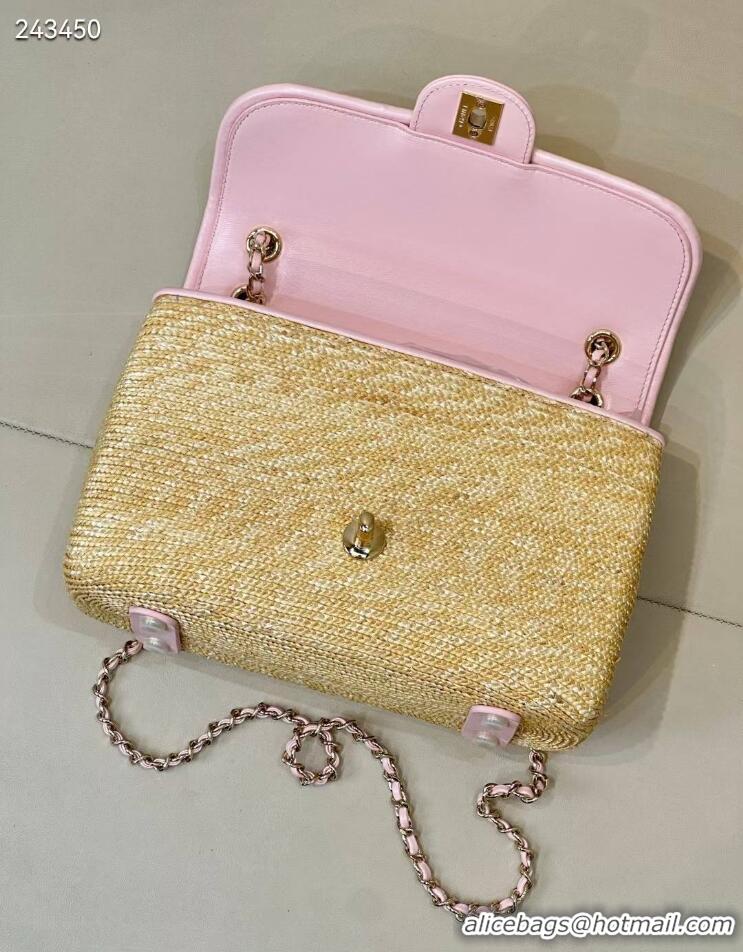 Low Cost Chanel Raffia Straw and Calfskin Large Flap Bag AS5929 Pink 2025
