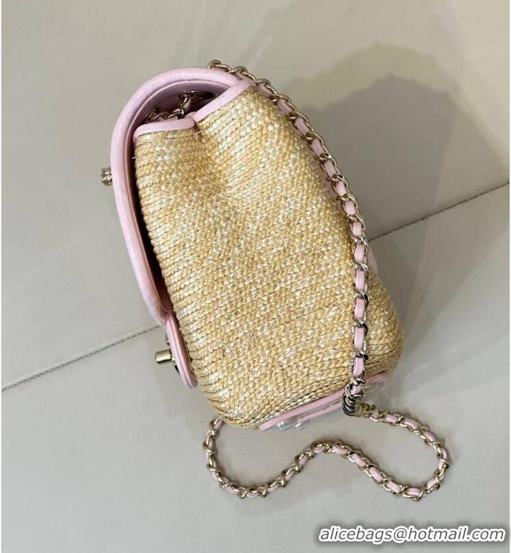 Low Cost Chanel Raffia Straw and Calfskin Large Flap Bag AS5929 Pink 2025