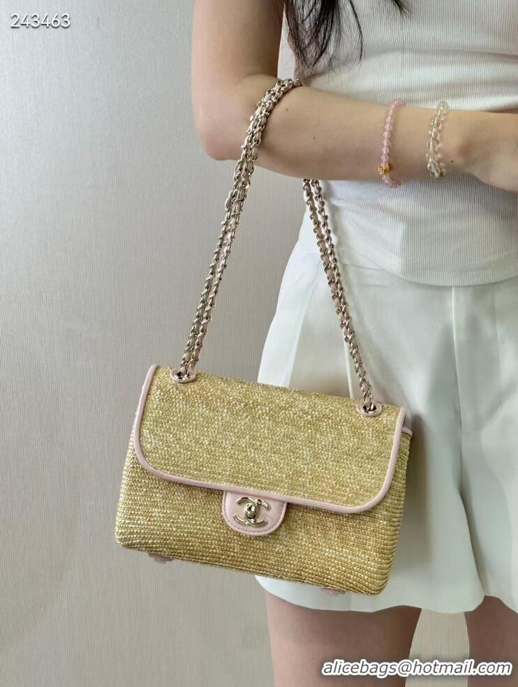 Low Cost Chanel Raffia Straw and Calfskin Large Flap Bag AS5929 Pink 2025