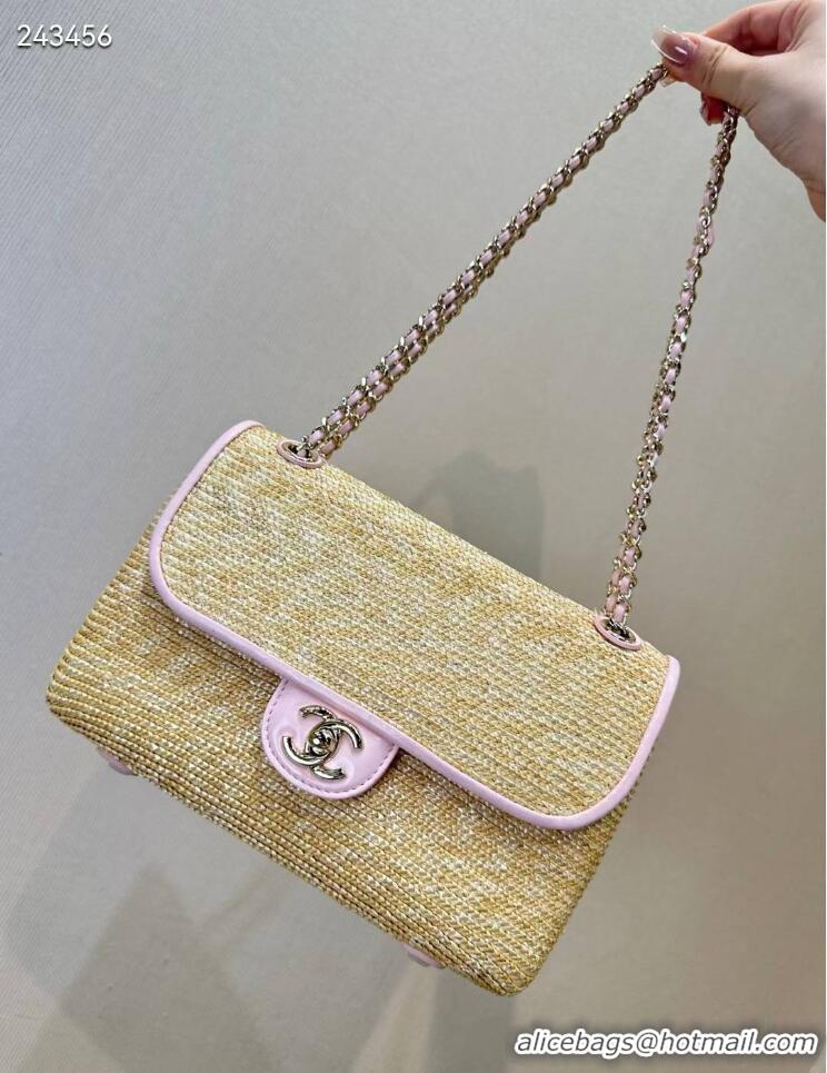 Low Cost Chanel Raffia Straw and Calfskin Large Flap Bag AS5929 Pink 2025