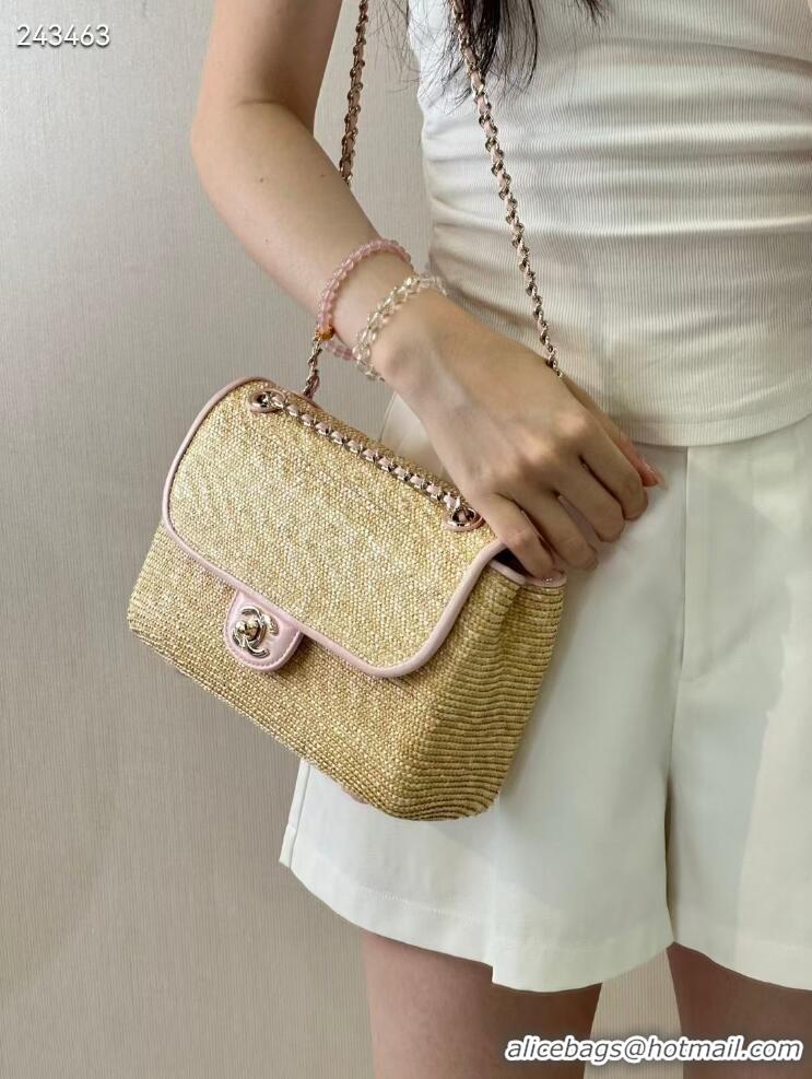 Low Cost Chanel Raffia Straw and Calfskin Large Flap Bag AS5929 Pink 2025