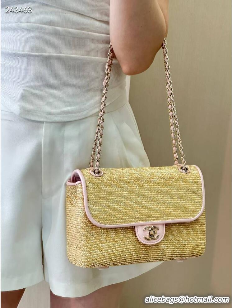 Low Cost Chanel Raffia Straw and Calfskin Large Flap Bag AS5929 Pink 2025