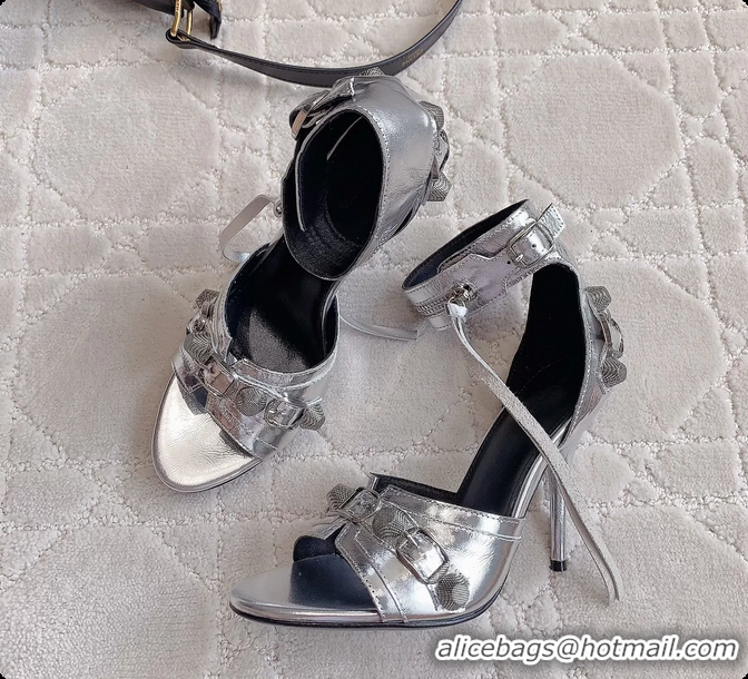 Grade Quality Balenciaga Cagole High Heeled Leather Sandals Silver 100MM 6061202