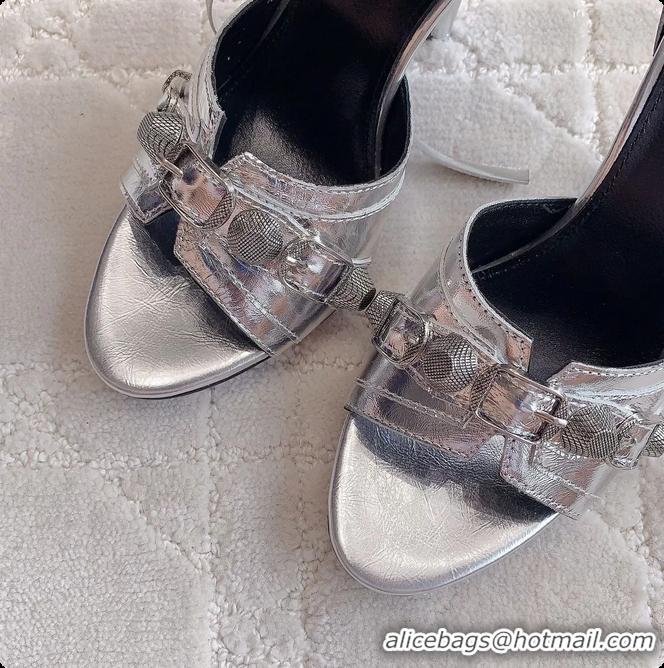 Grade Quality Balenciaga Cagole High Heeled Leather Sandals Silver 100MM 6061202