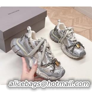 Charming Balenciaga Sports 3XL Chain Padlock Mesh and Leather Sneakers Silver 6061203