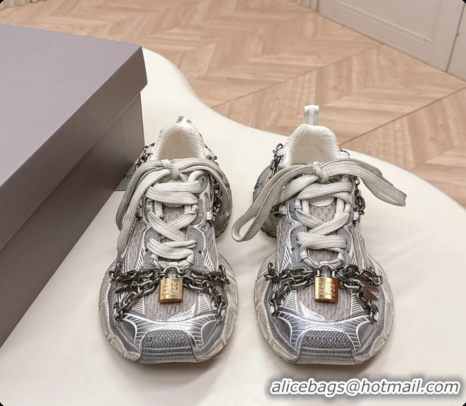 Charming Balenciaga Sports 3XL Chain Padlock Mesh and Leather Sneakers Silver 6061203