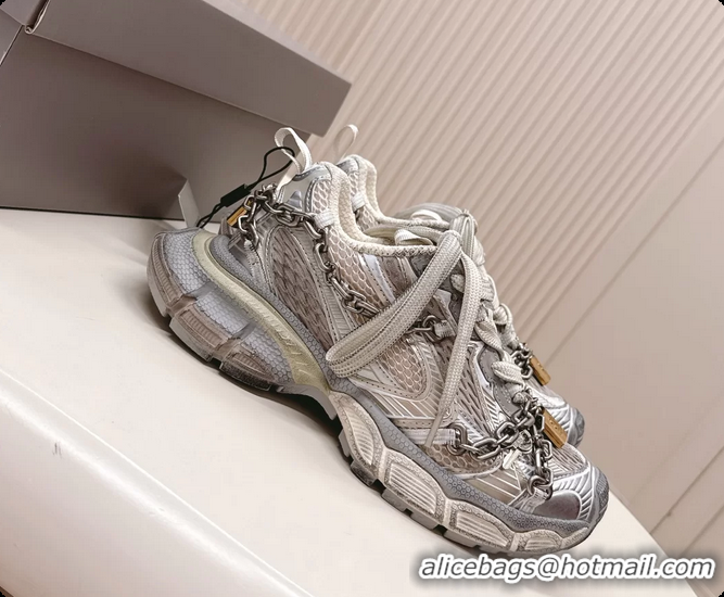 Charming Balenciaga Sports 3XL Chain Padlock Mesh and Leather Sneakers Silver 6061203