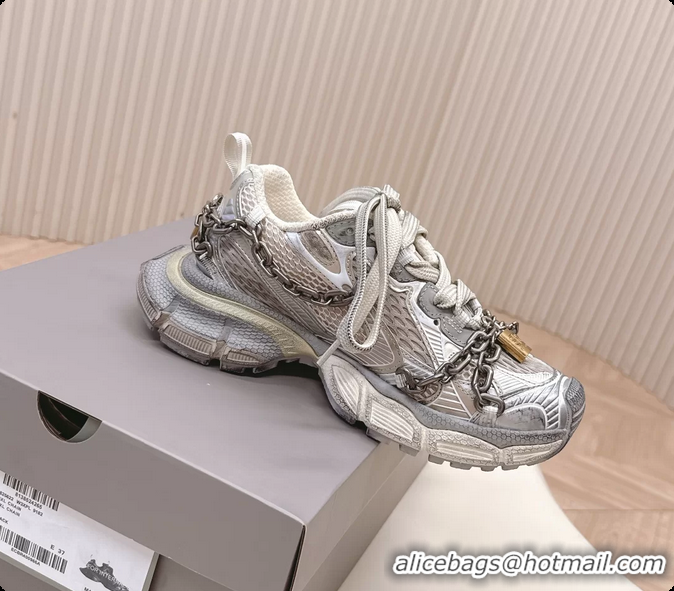 Charming Balenciaga Sports 3XL Chain Padlock Mesh and Leather Sneakers Silver 6061203