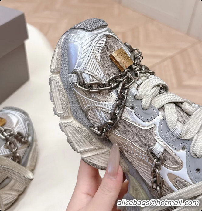 Charming Balenciaga Sports 3XL Chain Padlock Mesh and Leather Sneakers Silver 6061203